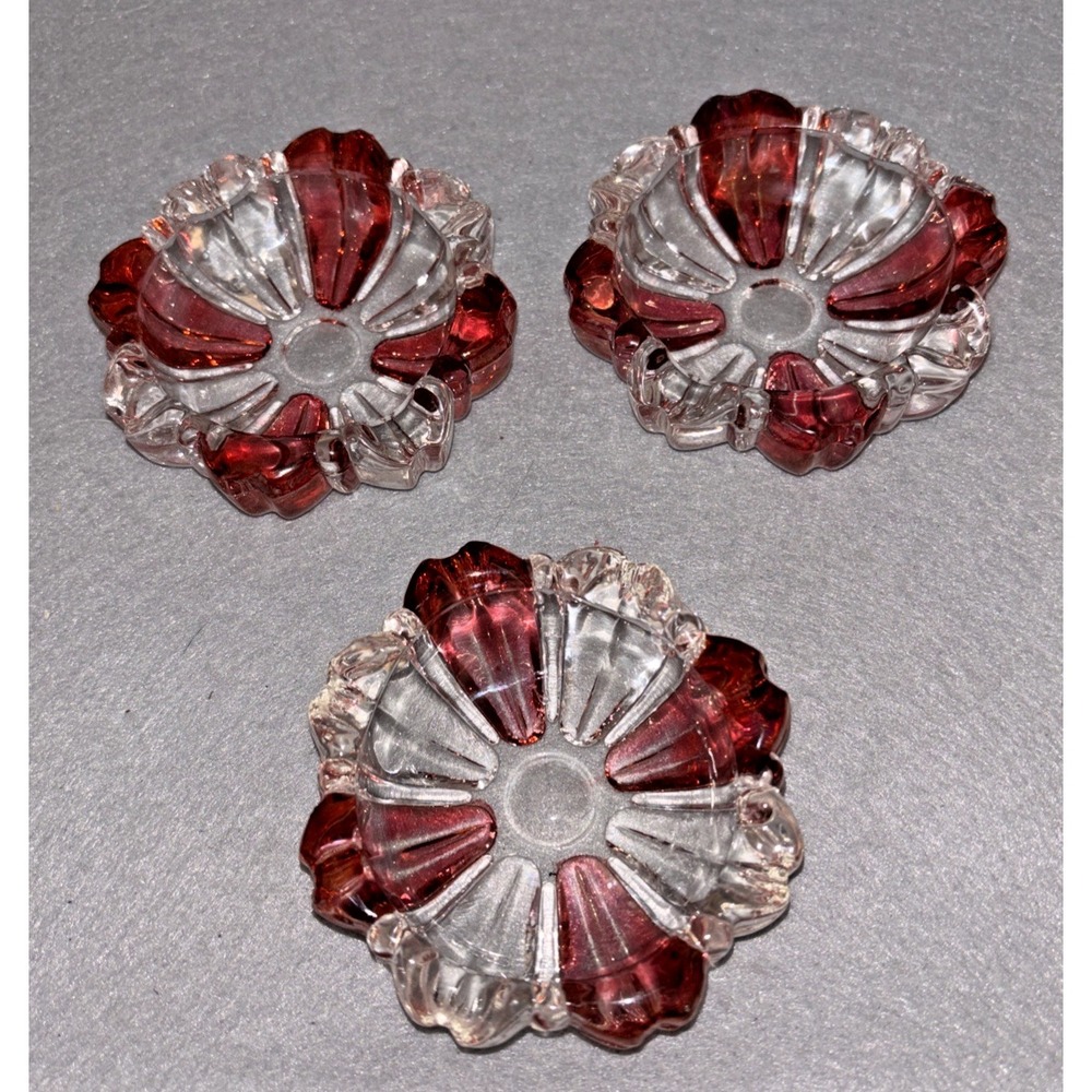 3 Cranberry Ruby Red Flash Clear Striped Peppermint‎ Ashtrays RARE 3 Inch Size